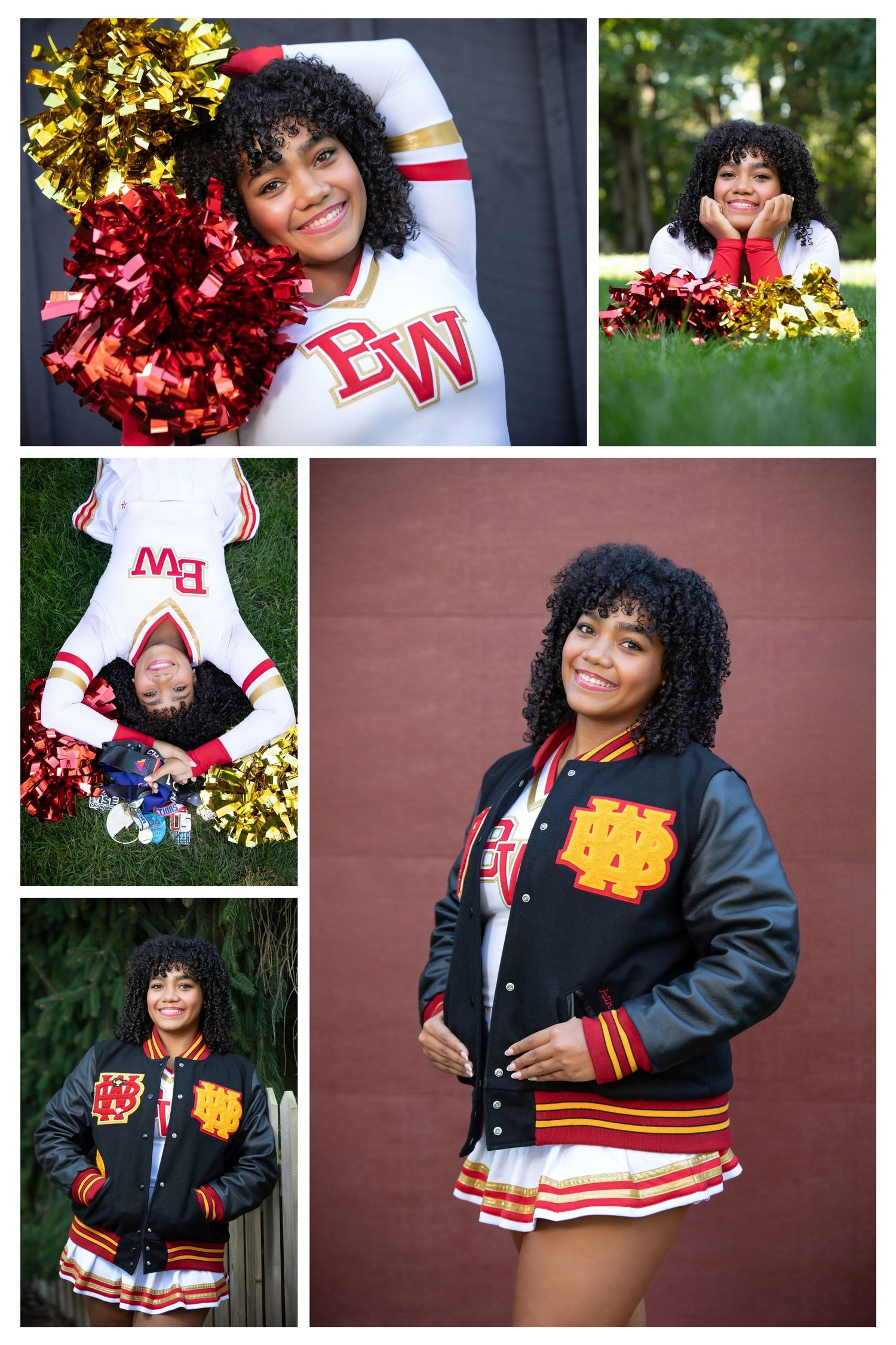 Big Walnut senior pictures at home featuring cheer uniform, letterman jacket, and personalized senior portrait session.