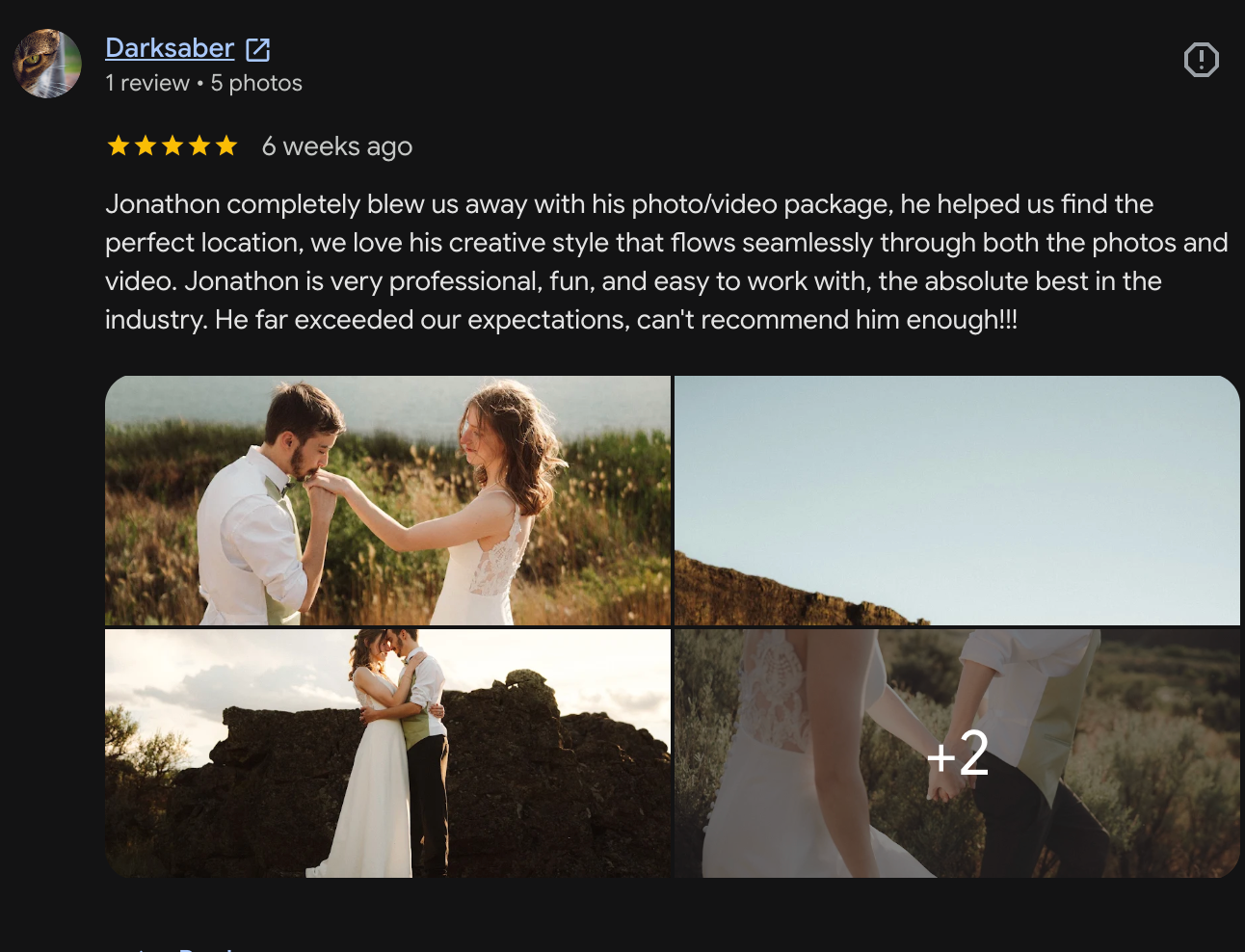 Text message screenshot from a couple thanking their videographer for an emotional, perfect elopement video that captured their special day.