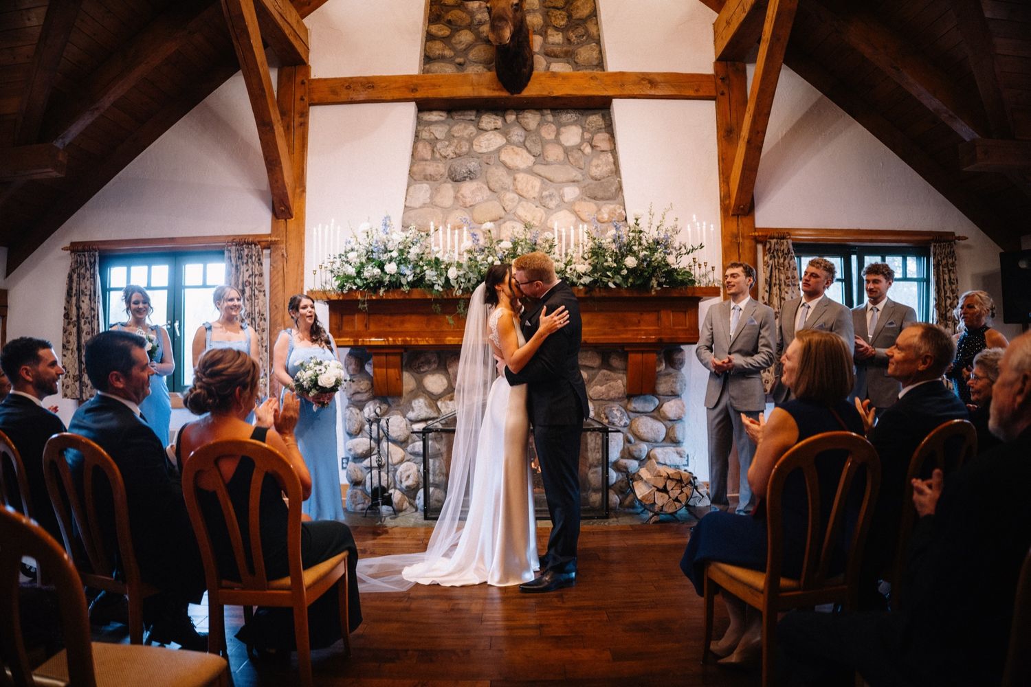 Intimate wedding ceremony in the Post Hotel library, Lake Louise