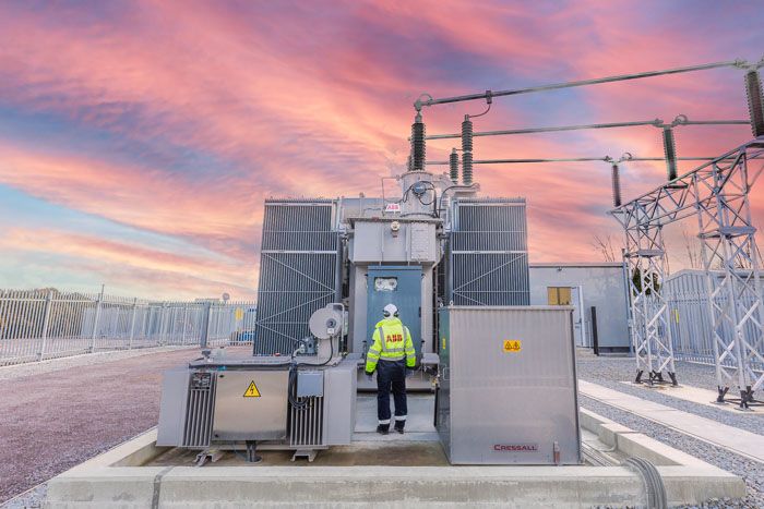 Engineer in hi-vis at the ABB battery storage site at Glassenbury, Kent