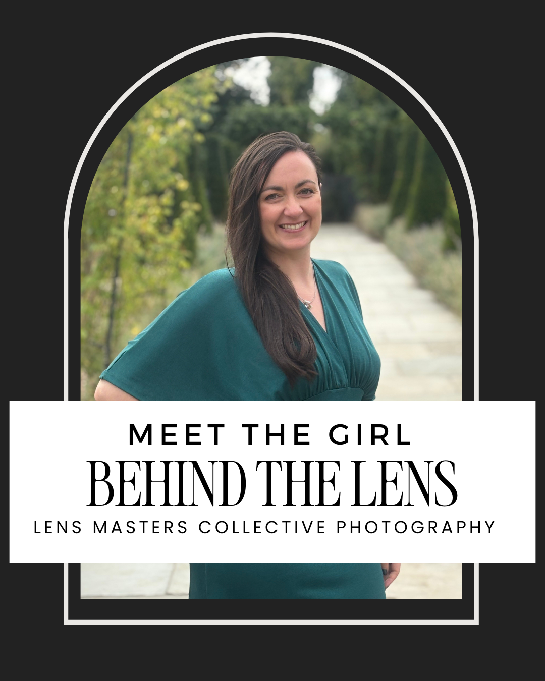 Smiling woman with long brown hair in a green dress stands on a garden path in an arched frame for Lens Masters Collective Photography.