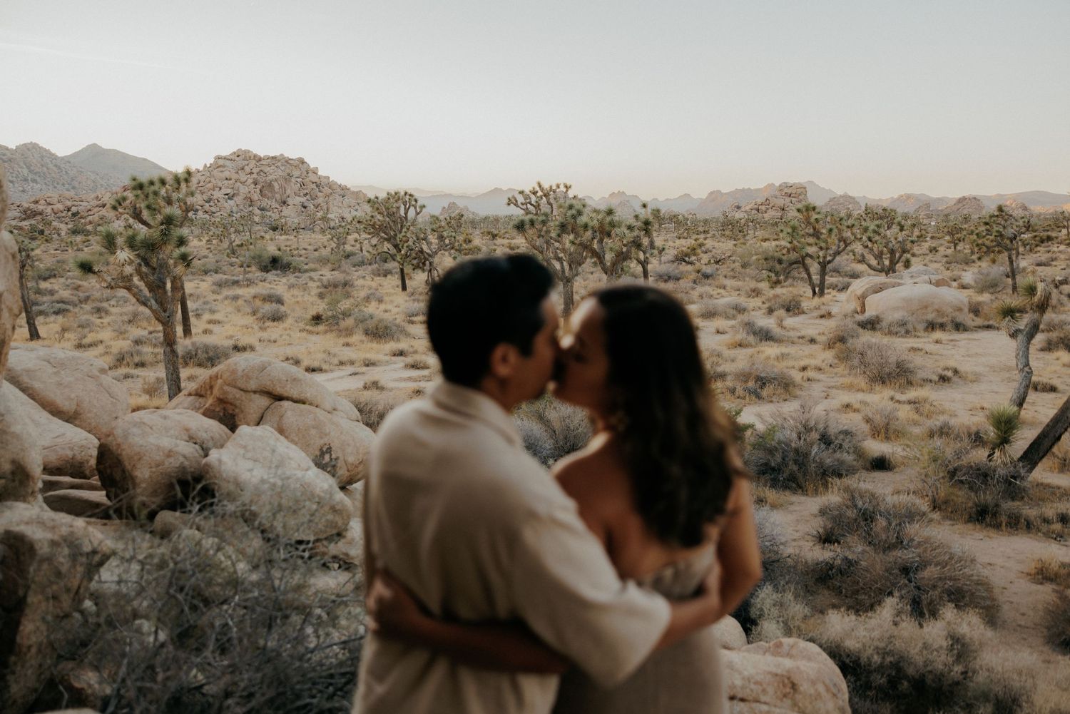 Couple sharing a romantic kiss at sunset in Joshua Tree desert landscape with cacti and boulders.
