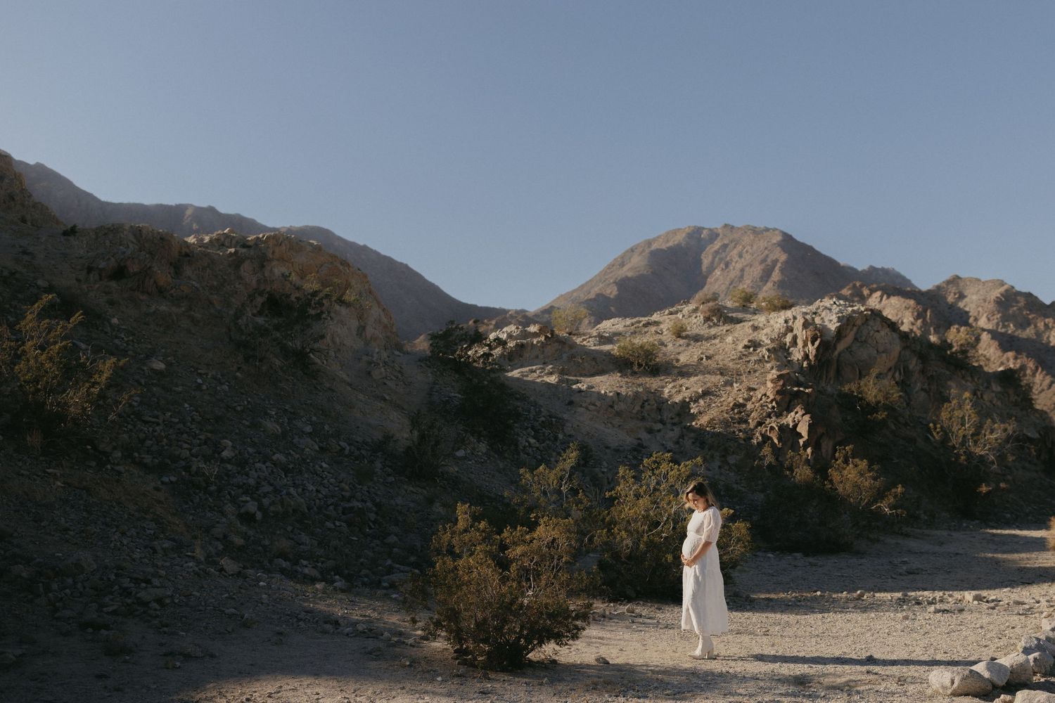 Person in white outfit standing in a dramatic desert landscape with rocky mountains and sparse shrubs under clear blue sky.