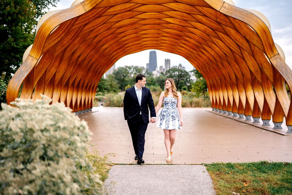 A sequence of photos showing a couple walking through a curved wooden tunnel structure in an outdoor setting.