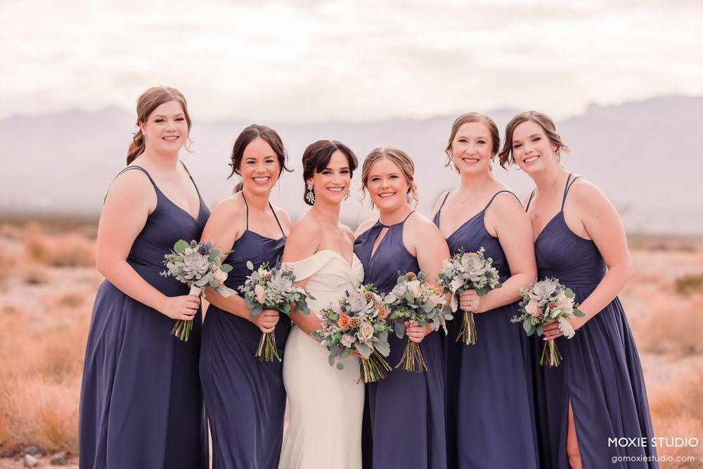 Row of bridesmaids in matching navy dresses pose with bouquets against desert mountain backdrop.