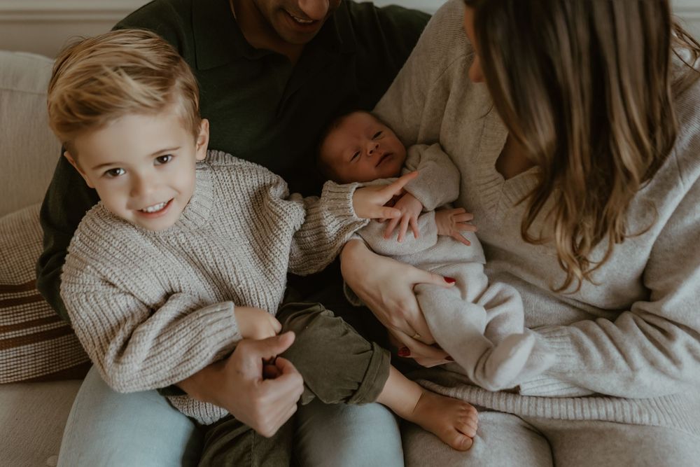 A collection of candid lifestyle photos showing tender family moments in soft neutral tones.