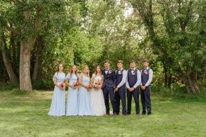 Full wedding party in navy suits and light blue dresses pose together on a lawn under trees.