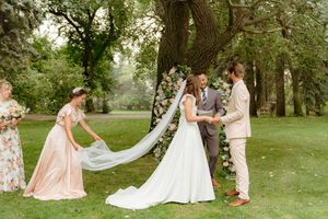 Wedding ceremony scenes in a garden setting with floral decorations and white chairs.