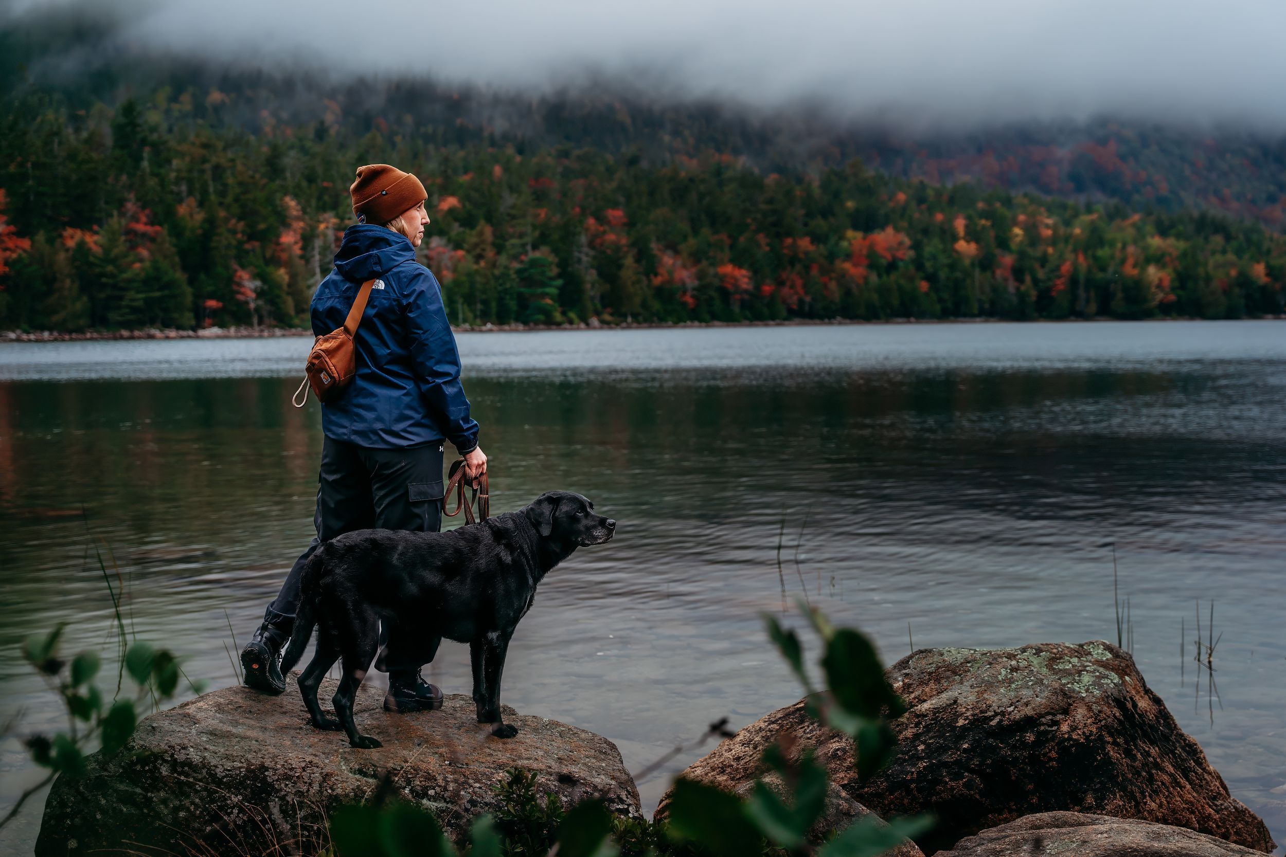 Hiker in a blue jacket and orange beanie stands on a rock beside a black dog at a misty lake with autumn forest in the background.