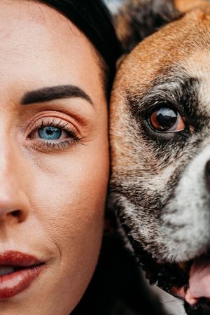 Artistic close-up macro shots showing alternating eyes of a person and a dog in sequence.