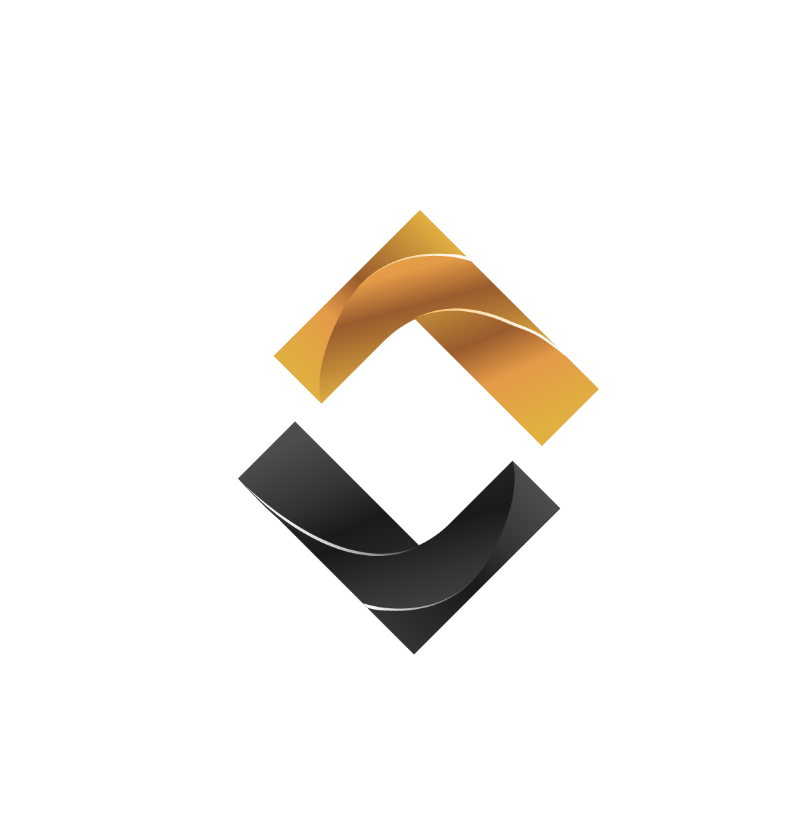 Abstract logo design featuring interlocking gold and black geometric shapes on black background.