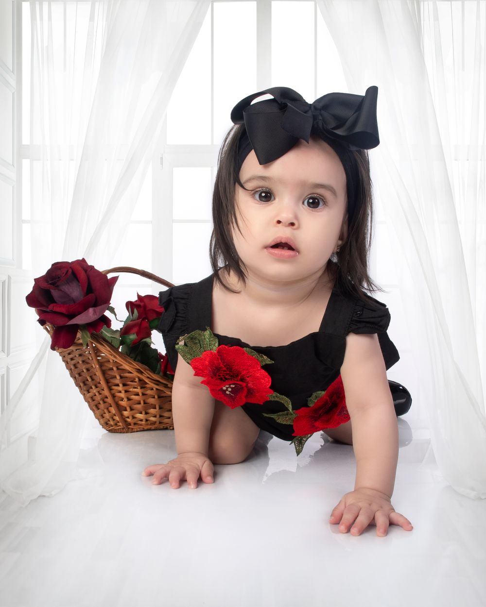 Baby photography with red roses and basket props against white curtain backdrop.