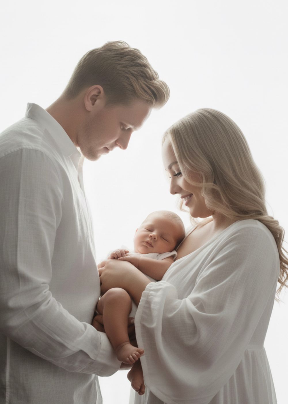A romantic couple in white clothing sharing intimate moments in a series of tender poses against a light background.
