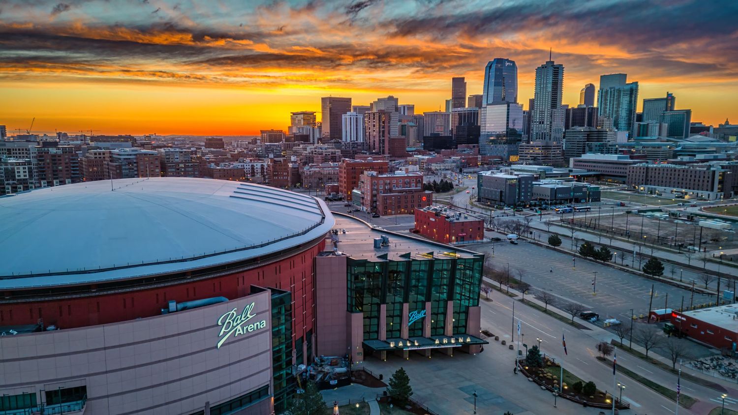 Aerial/drone sunrise shot over Ball Arena