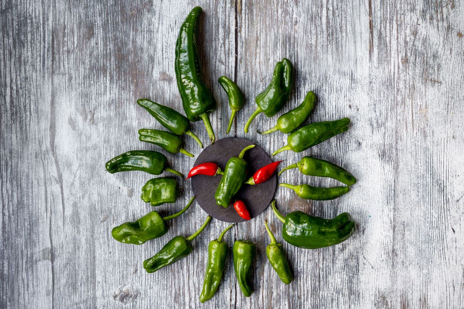 Roulette wheel of padron peppers and red chillies
