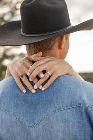Close-up series of hands with rings resting on a denim jacket against a blurred outdoor background.
