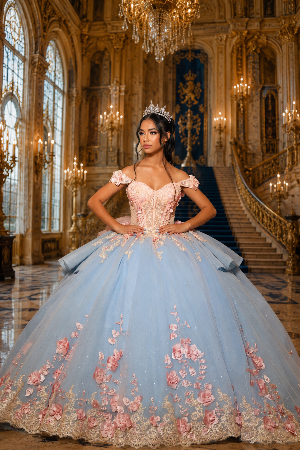 Young woman in a light blue and pink floral ball gown with crown poses in an ornate golden palace ballroom.