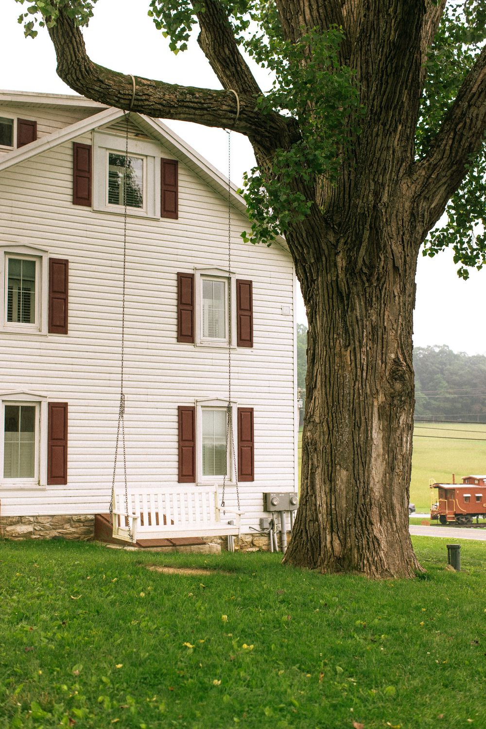 White farmhouse with brown shutters sits nestled among large mature trees on a grassy lawn.