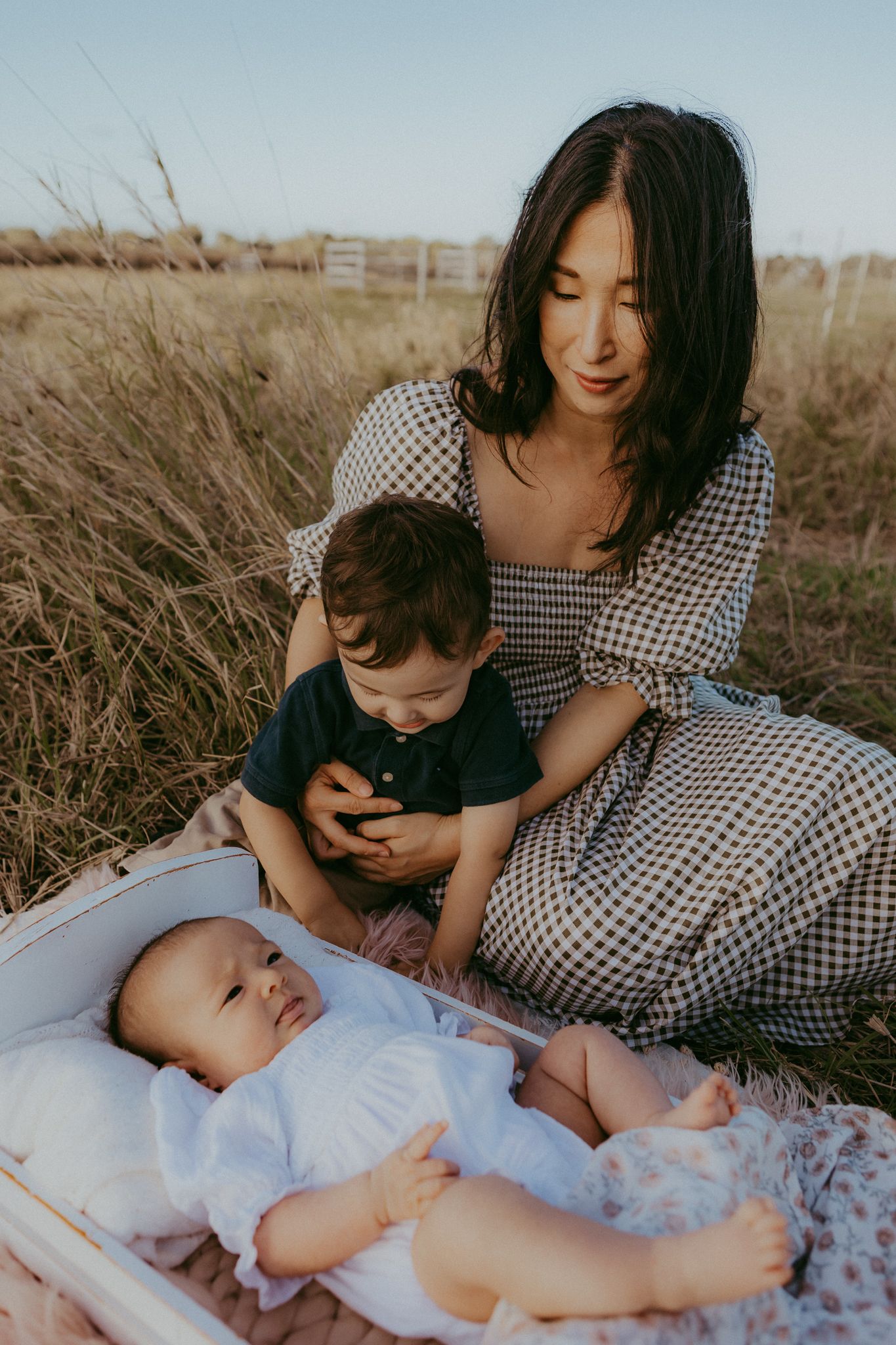 Mother in gingham dress sits in field with toddler and newborn baby in bassinet at golden hour.