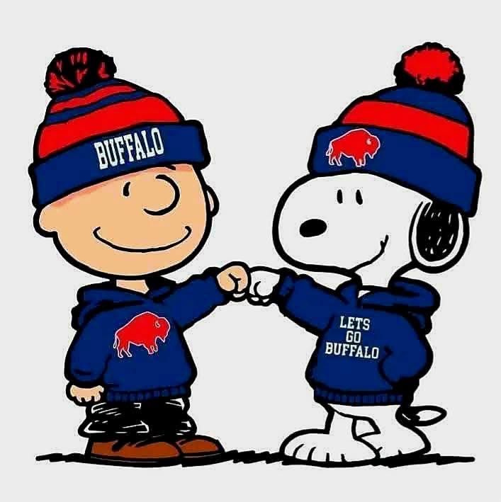 Cartoon illustration of Charlie Brown and Snoopy wearing matching Buffalo Bills winter hats and jerseys.
