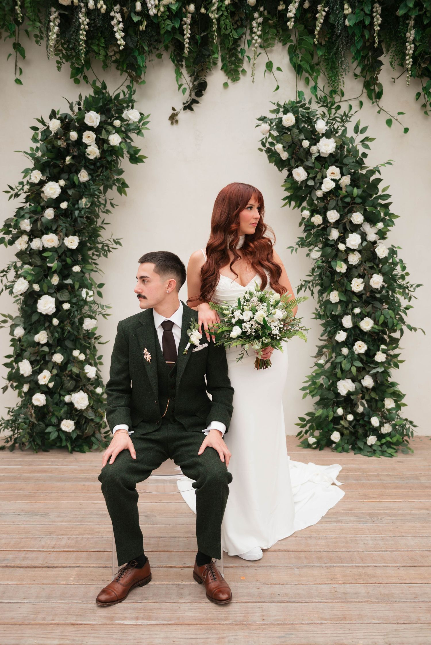 Close-up wedding portraits showing tender moments between newlyweds in formal attire.