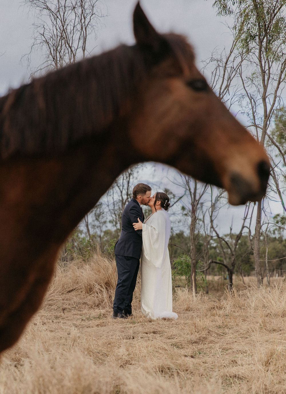 Romantic bride and groom kissing in field framed by a chestnut horse in foreground.