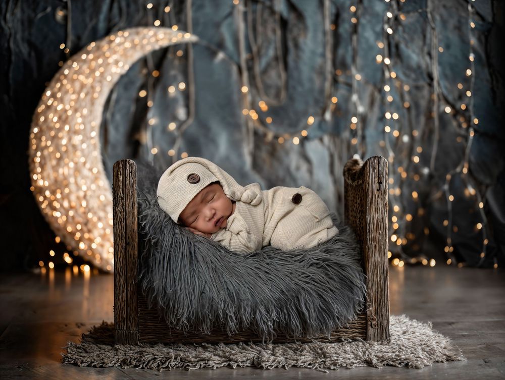 Newborn baby sleeping peacefully in a rustic wooden bed with gray fur, surrounded by glowing bokeh lights and a crescent moon.