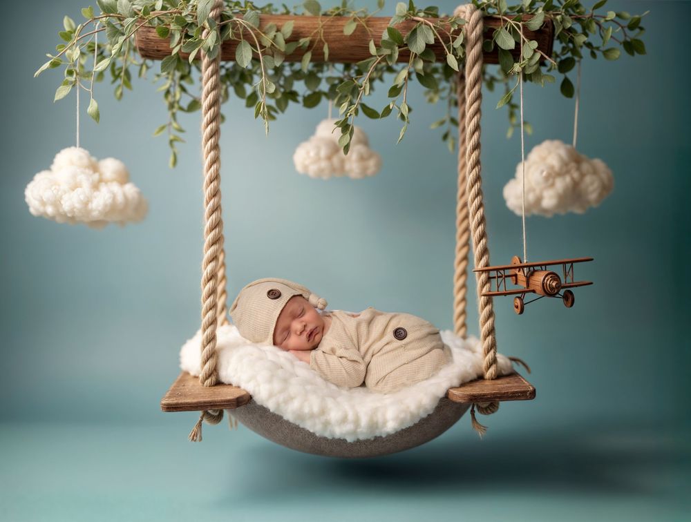 Newborn baby sleeping on a hanging swing with fluffy clouds and a toy airplane in a dreamy nursery photo.
