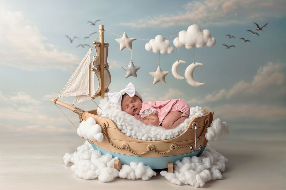 Newborn baby sleeping in a decorative wooden sailboat prop with clouds, stars, and moon accents for a dreamy photo.