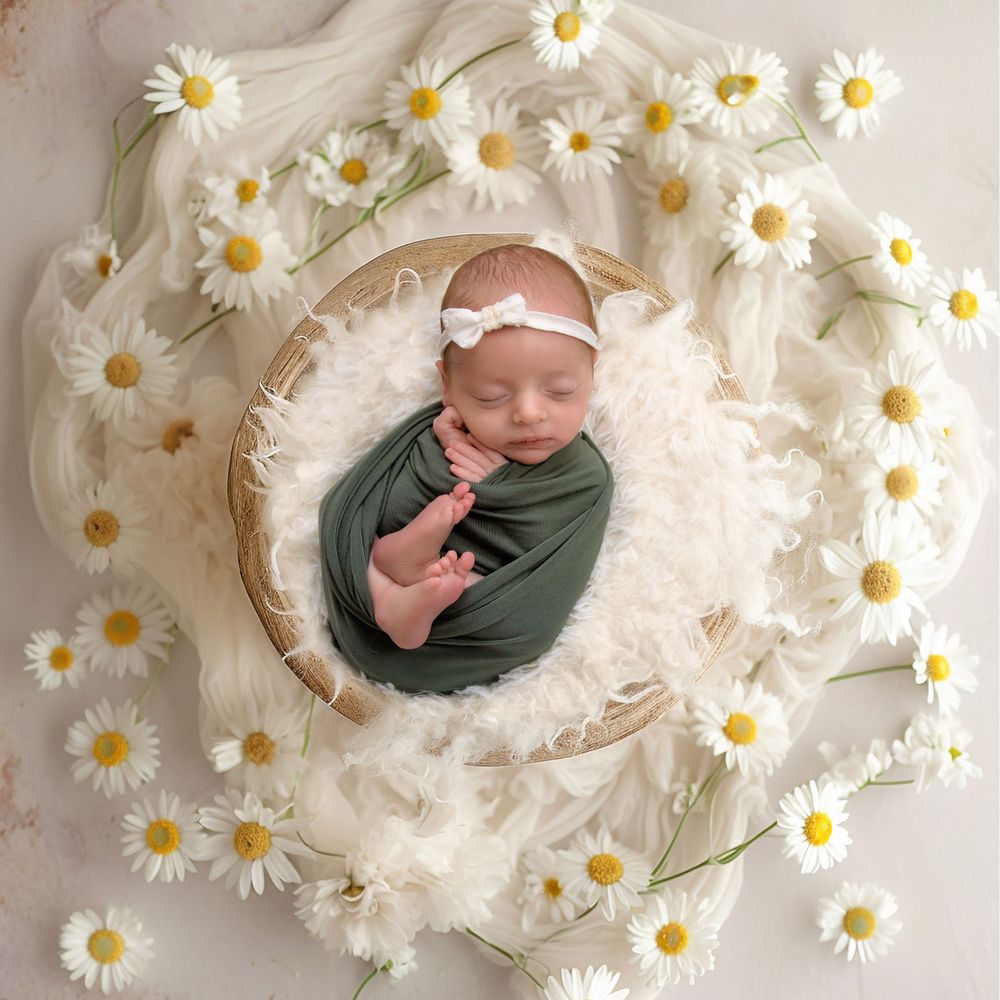 Sleeping newborn wrapped in green surrounded by fresh daisy flowers.