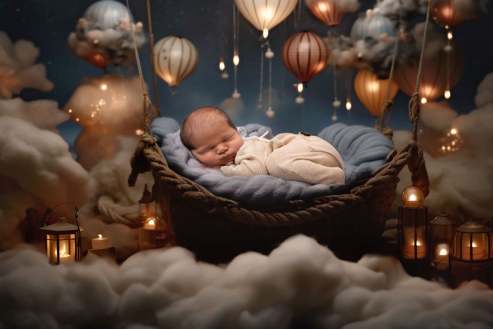 Ethereal newborn photography setup with glowing lanterns and soft clouds creating a dreamy atmosphere.