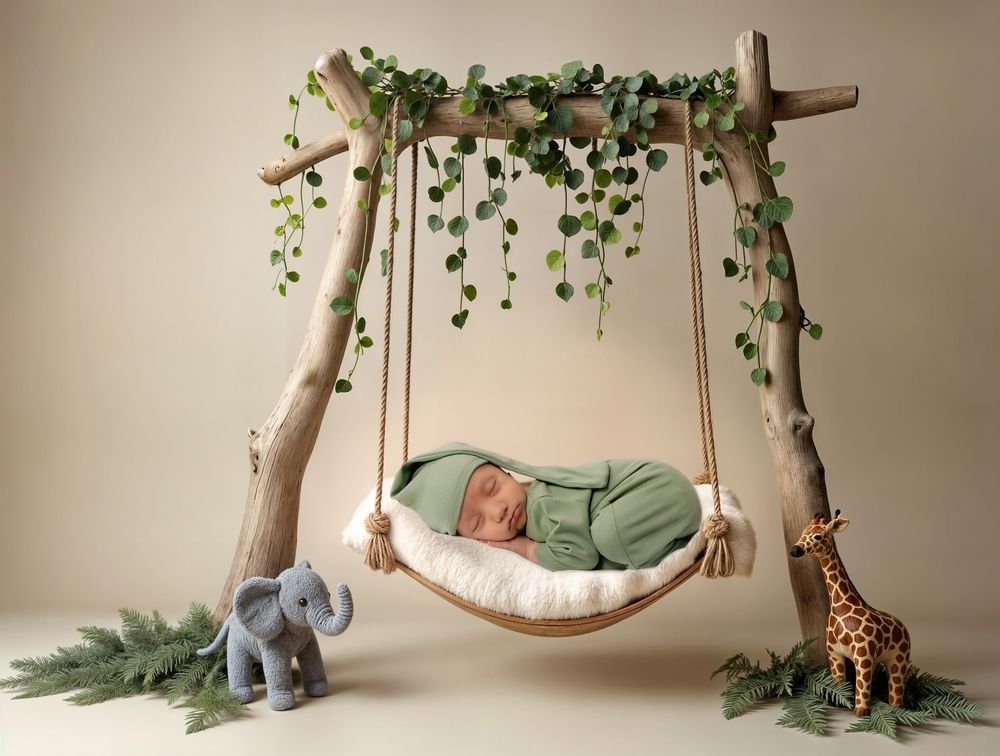 Rustic wooden swing setup with greenery and plush toys creating a cozy newborn photography scene.