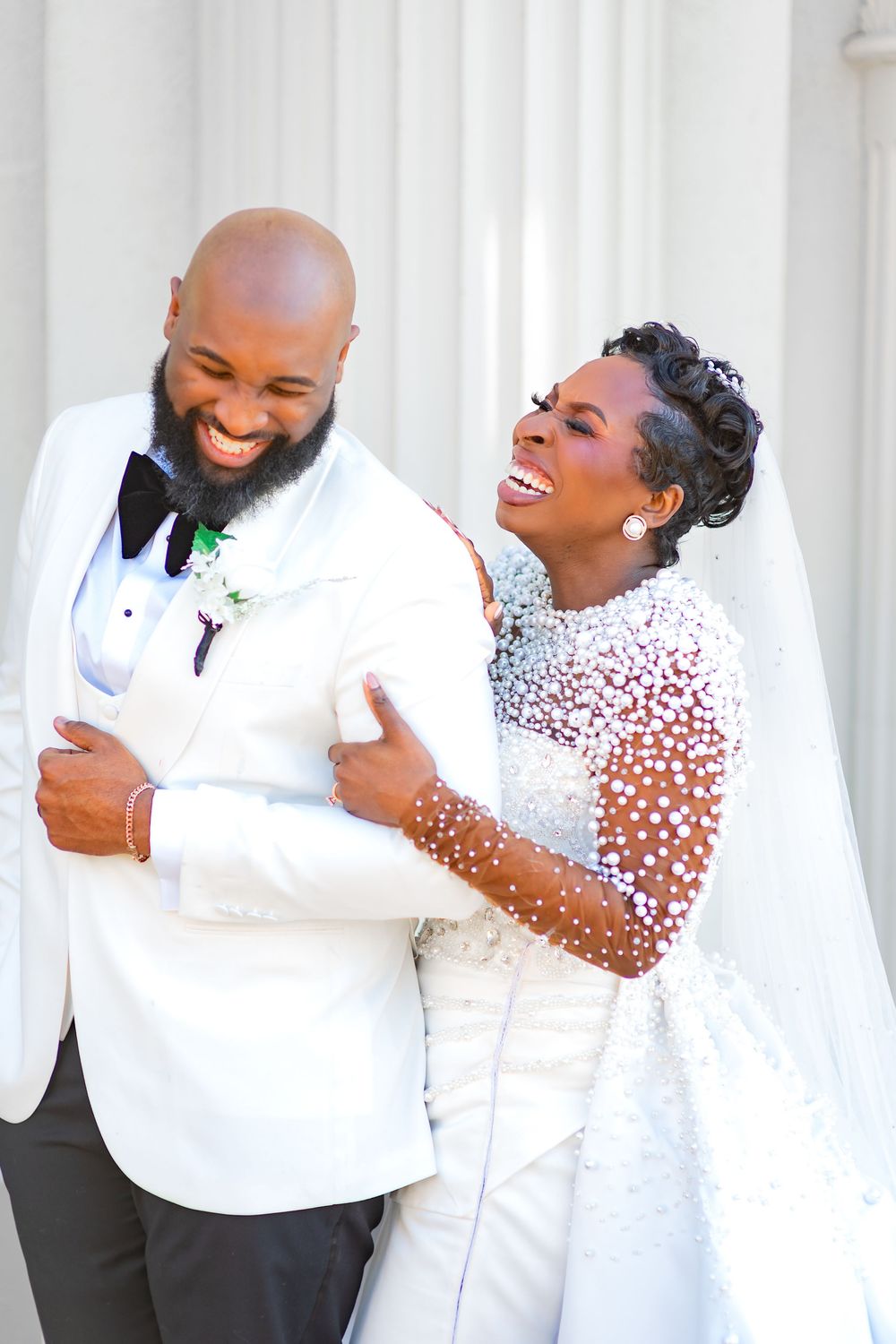 A joyful wedding couple shares candid laughing moments in a series of photos against a white backdrop.