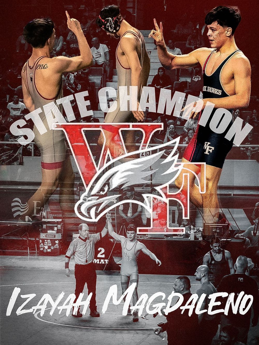 High school wrestling match action shots show athletes competing on mats in a gymnasium setting.