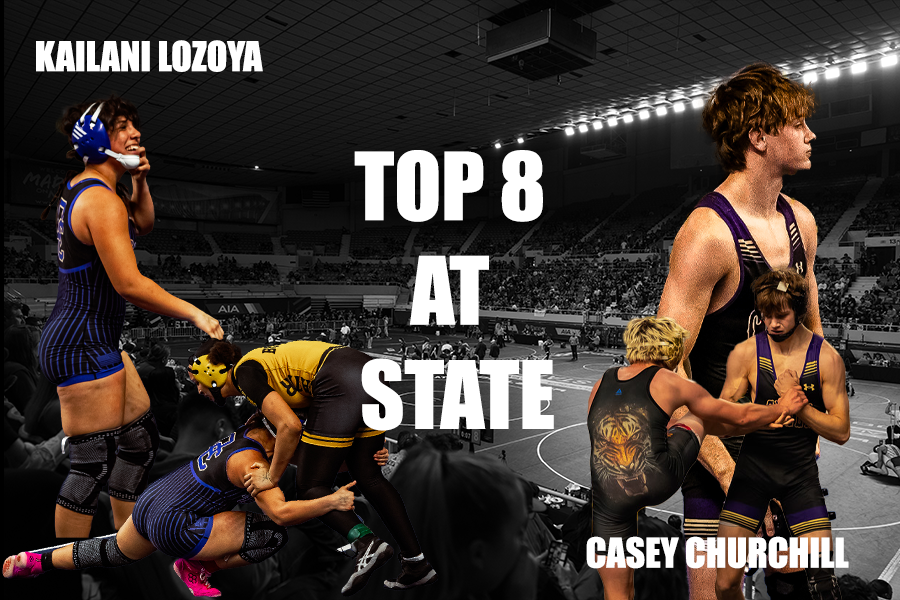 Wrestling match action sequence showing multiple athletes competing on mats in a dark arena with bright spotlights.