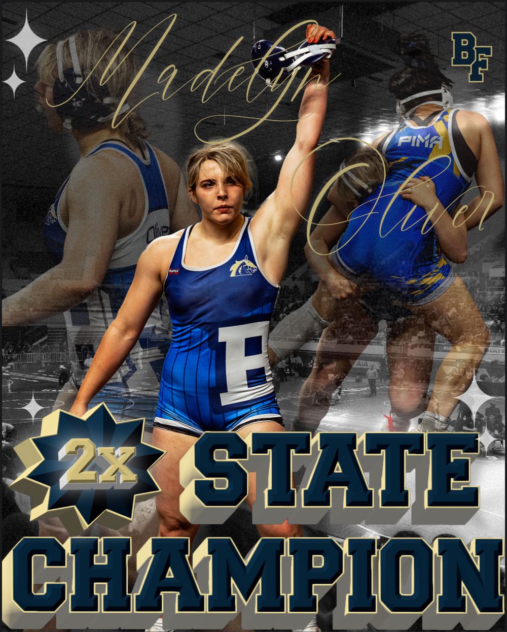 Collage of athletic photos showing blue wrestling uniforms with 'State Champion' text overlaid on a dark background.
