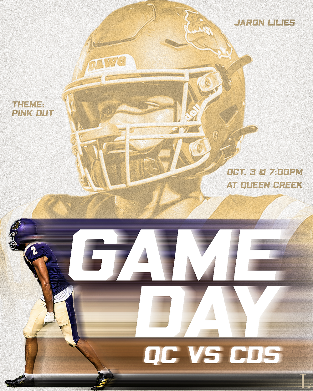 Gold-tinted football helmet graphics for a gameday promotional banner.