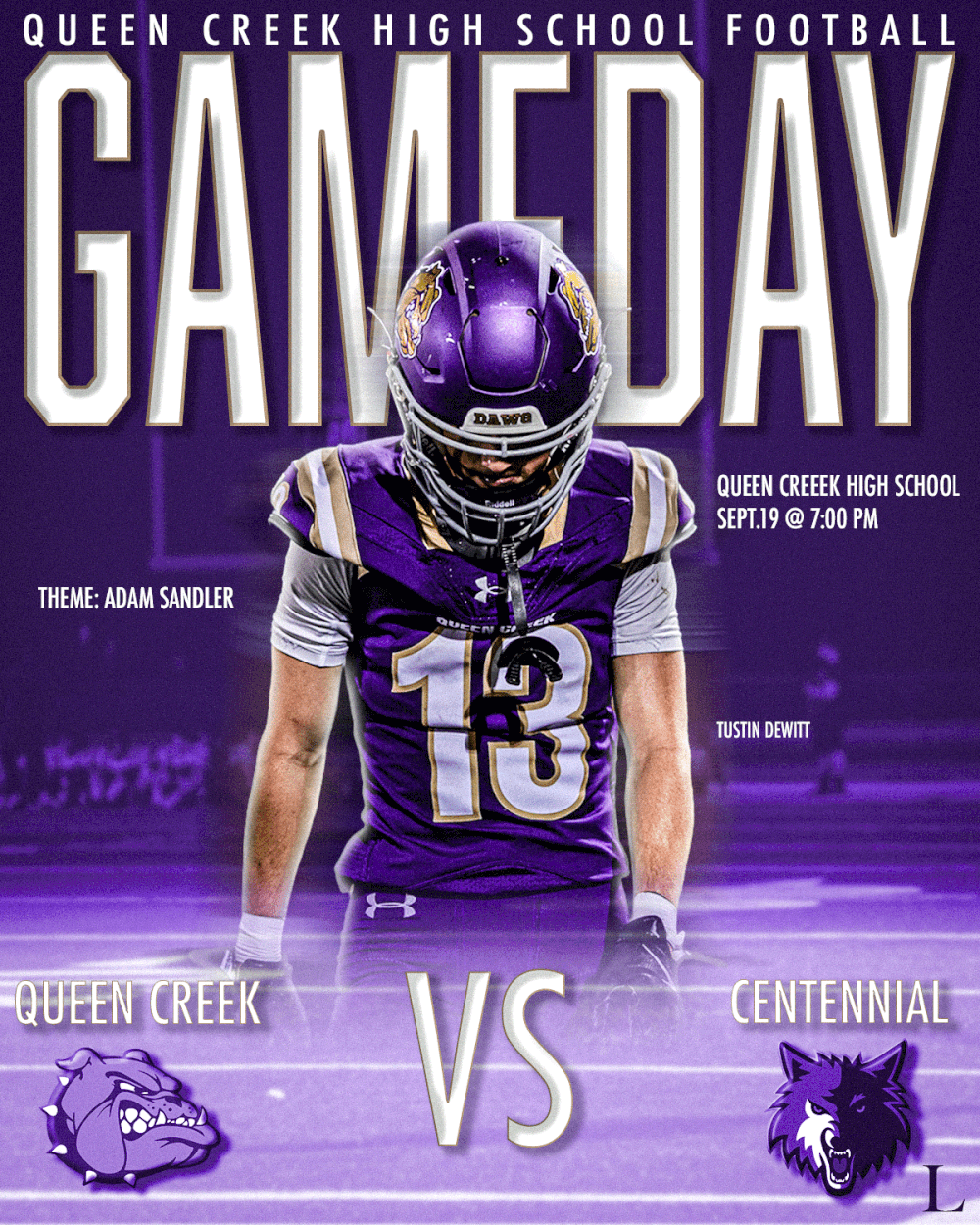 Queen Creek High School football gameday promotional banner in purple and white.