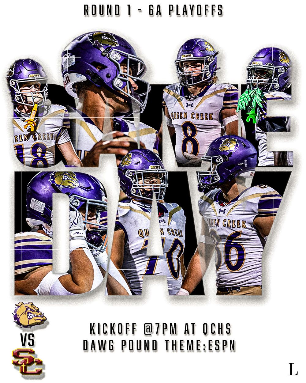 High school football playoff game promotional banner showing Baltimore Ravens colors and players in purple uniforms.