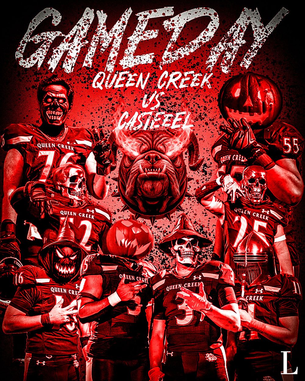 A collage of five sports team photos with players in red uniforms and dramatic lighting effects.