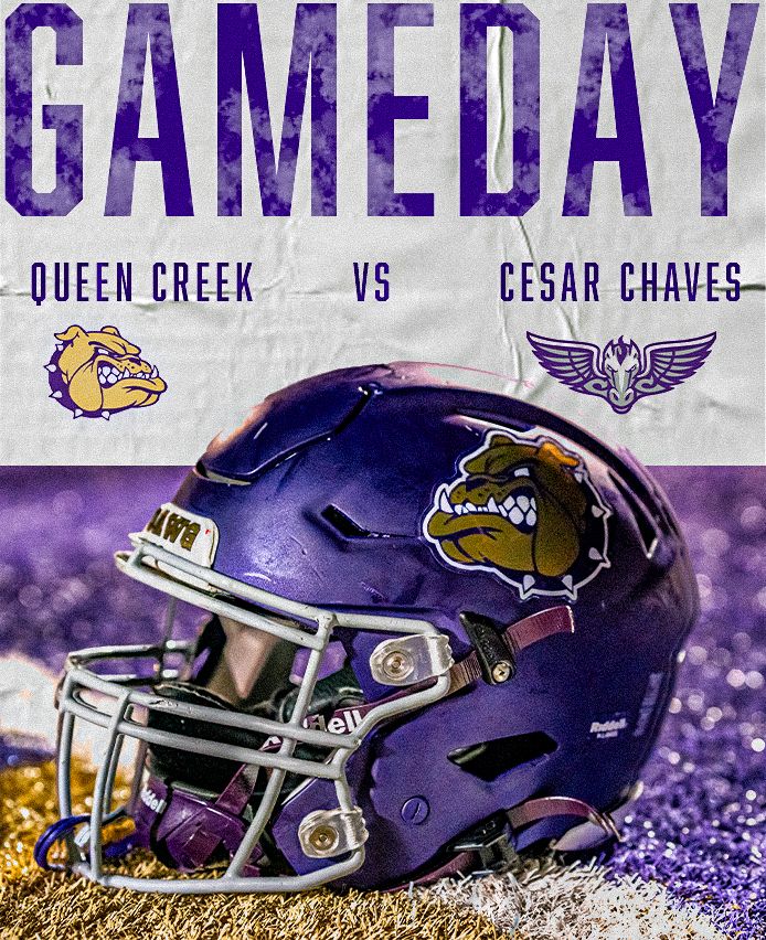 Purple and gold football helmets displayed with gameday text overlay.