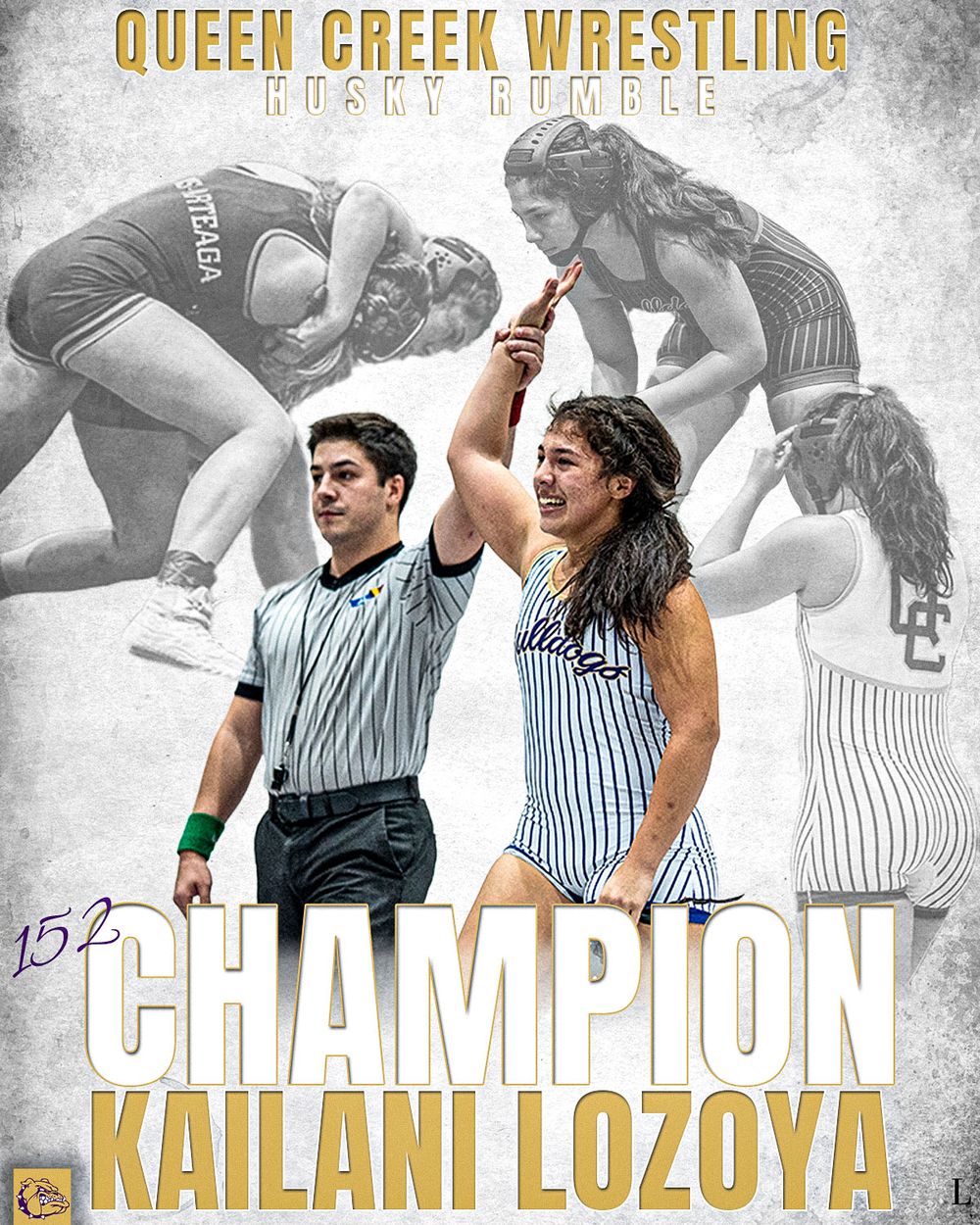 Wrestling championship promotional image with a referee raising an athlete's arm in victory pose against a grey background.