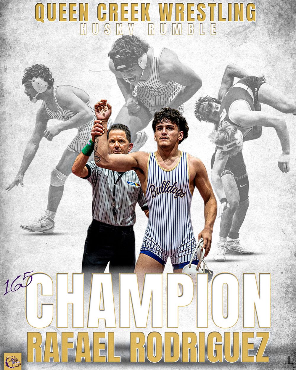 Vintage-style wrestling photo collage featuring Queen Creek Wrestling text and action shots of athletes in competition.