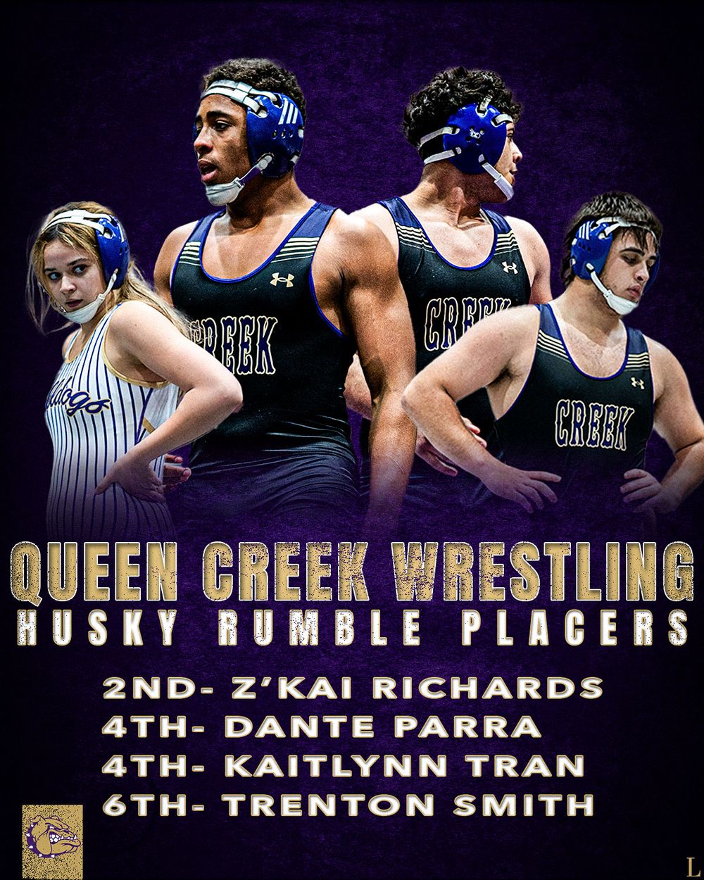 High school wrestling tournament results banner showing placements and athlete names on dark purple background.