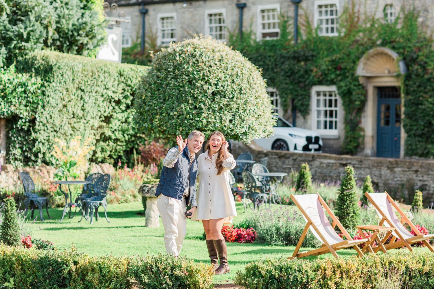 Reaction of a couple after a proposal at The Swan at Bibury Cotswolds. Cotswolds Hayley Elizabeth Proposal Photography - engagements