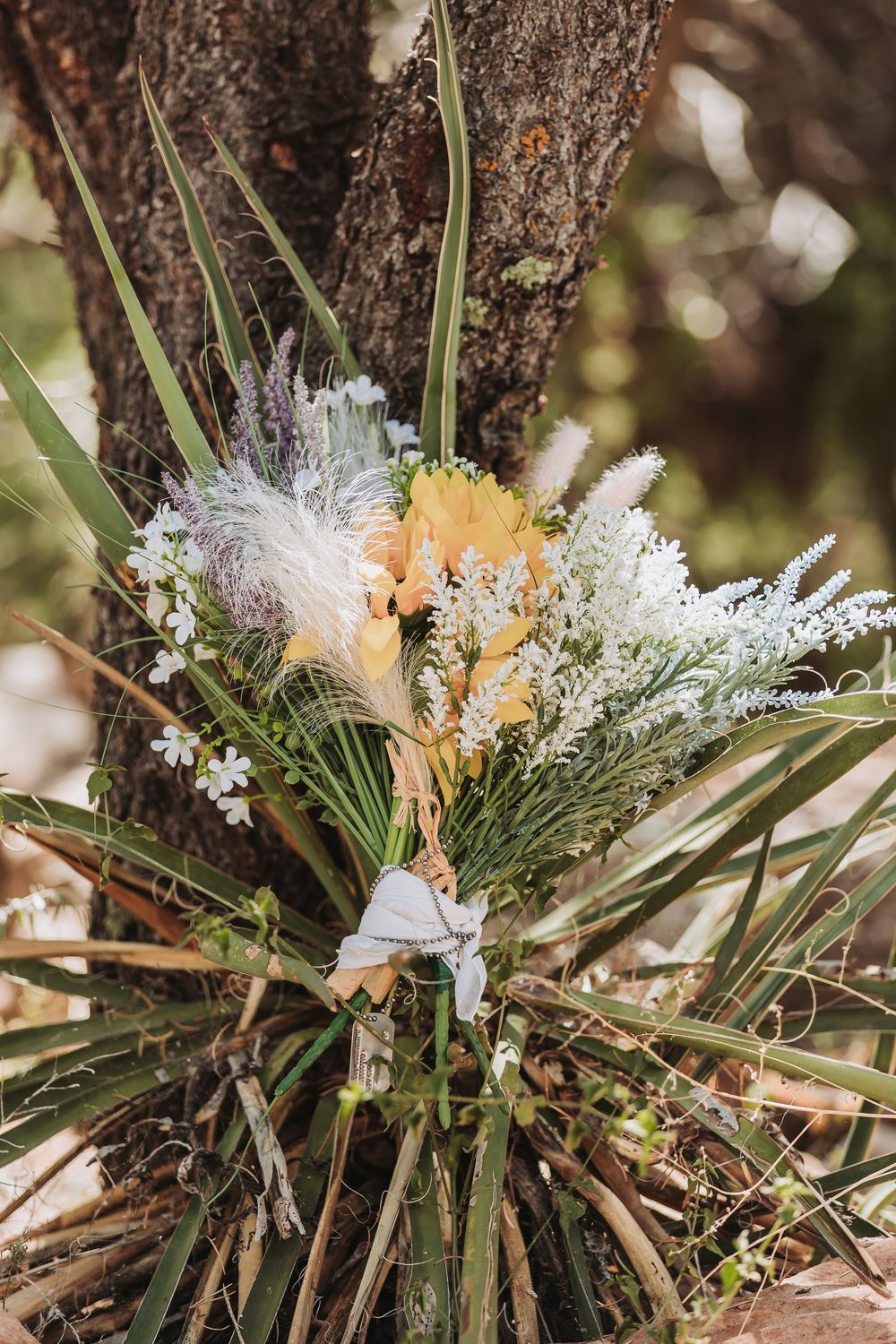 A delicate dried floral bouquet with pampas grass and preserved flowers tied to a tree trunk in natural lighting.