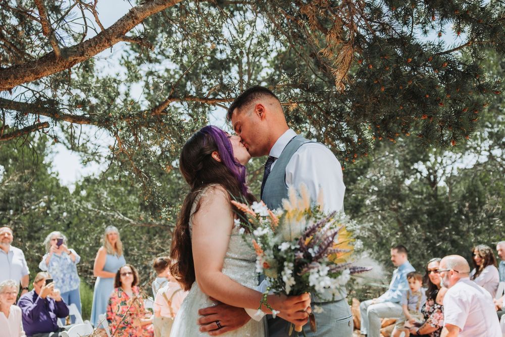 Wedding guests gather outdoors under tall pine trees during a daytime celebration.