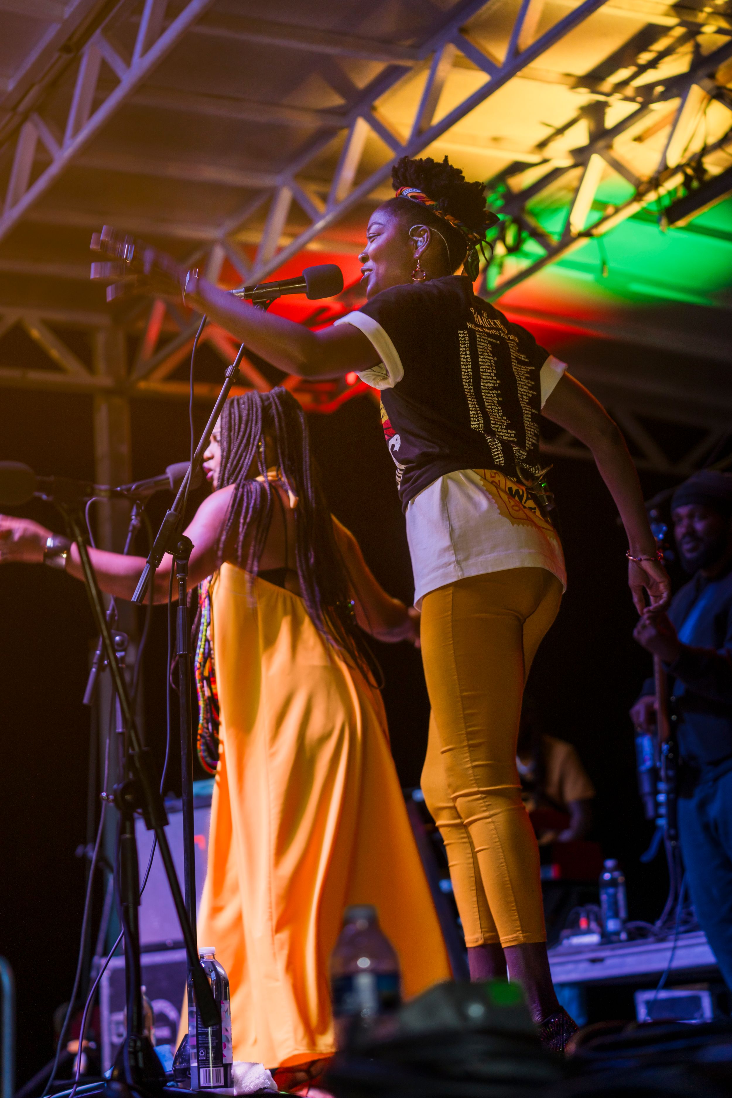 Concert performers on stage illuminated by colorful lights during a live music performance The Wailers Port City Reggae