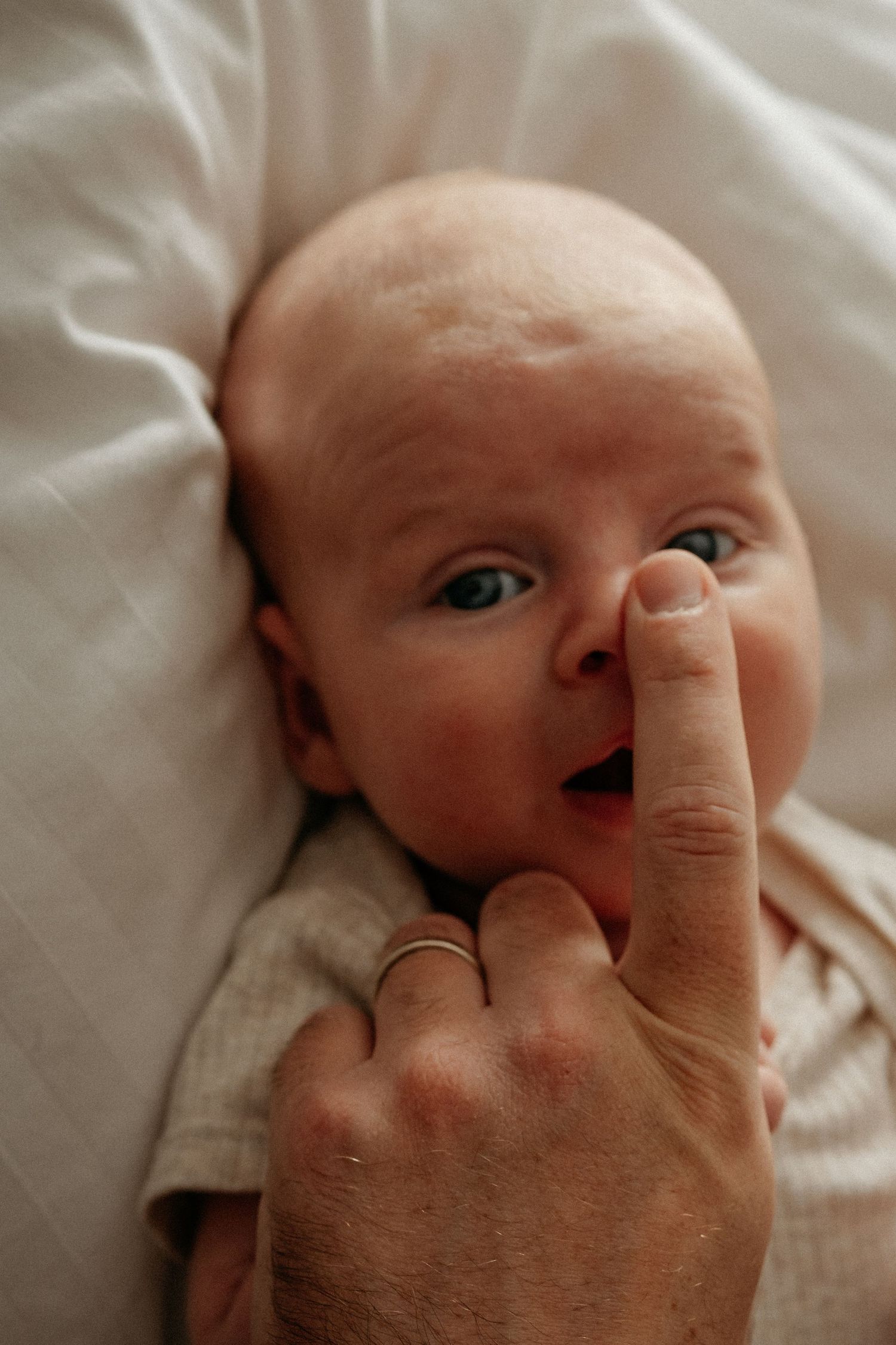 Close-up portrait of a newborn baby holding a parent’s finger during a natural lifestyle newborn photography session.