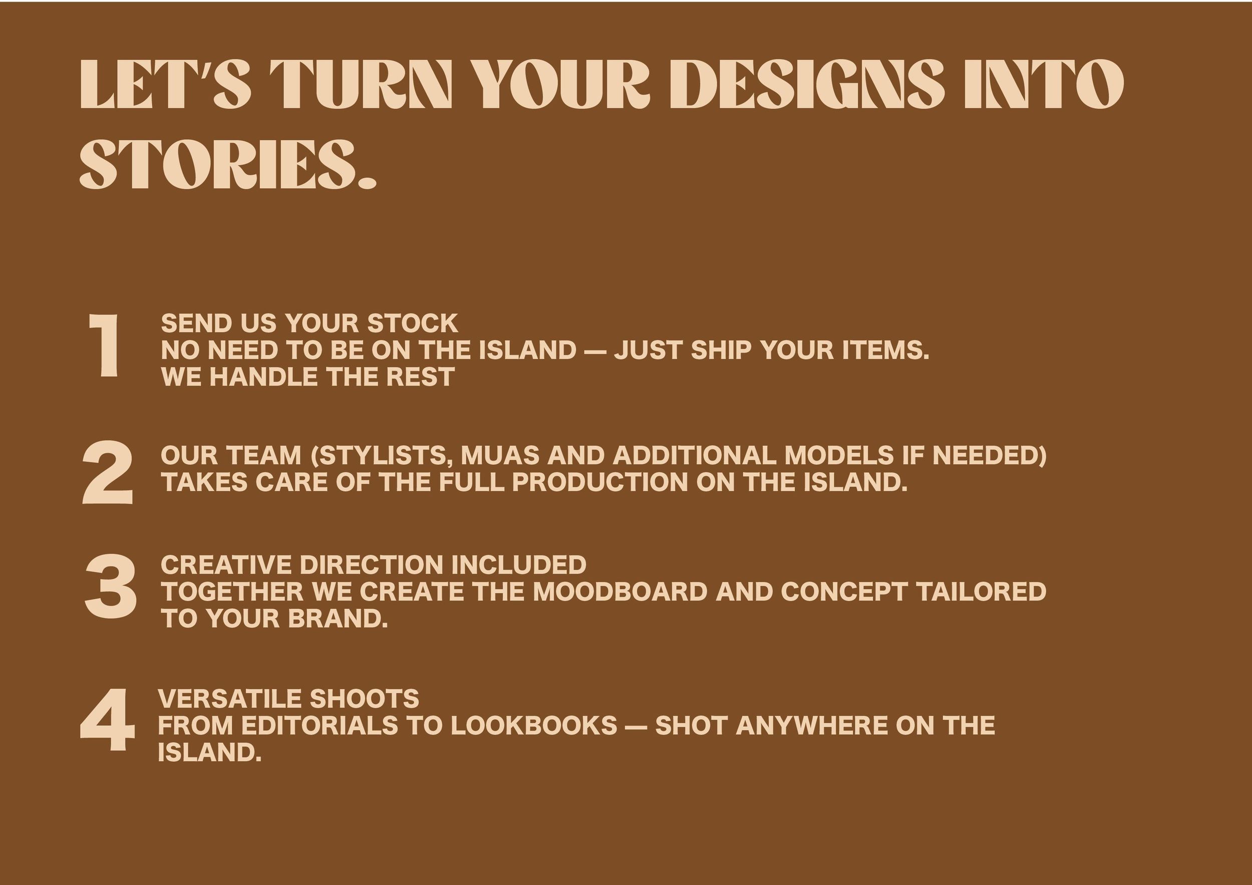 Brown banner with white text describing design services and storytelling process.